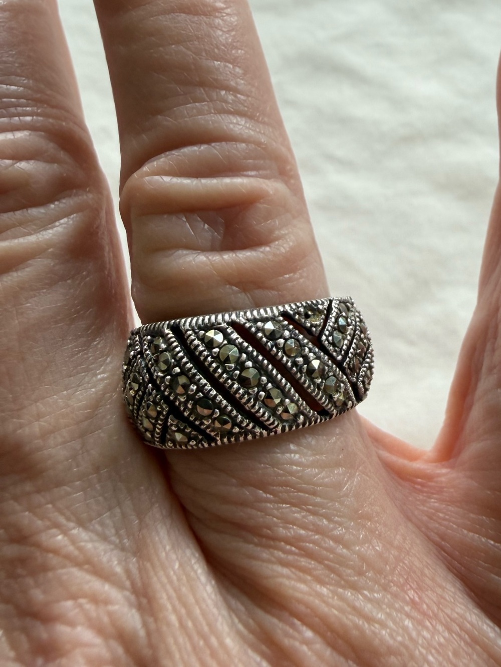 Sterling Silver Marcasite Geometric Wide Band Ring 925